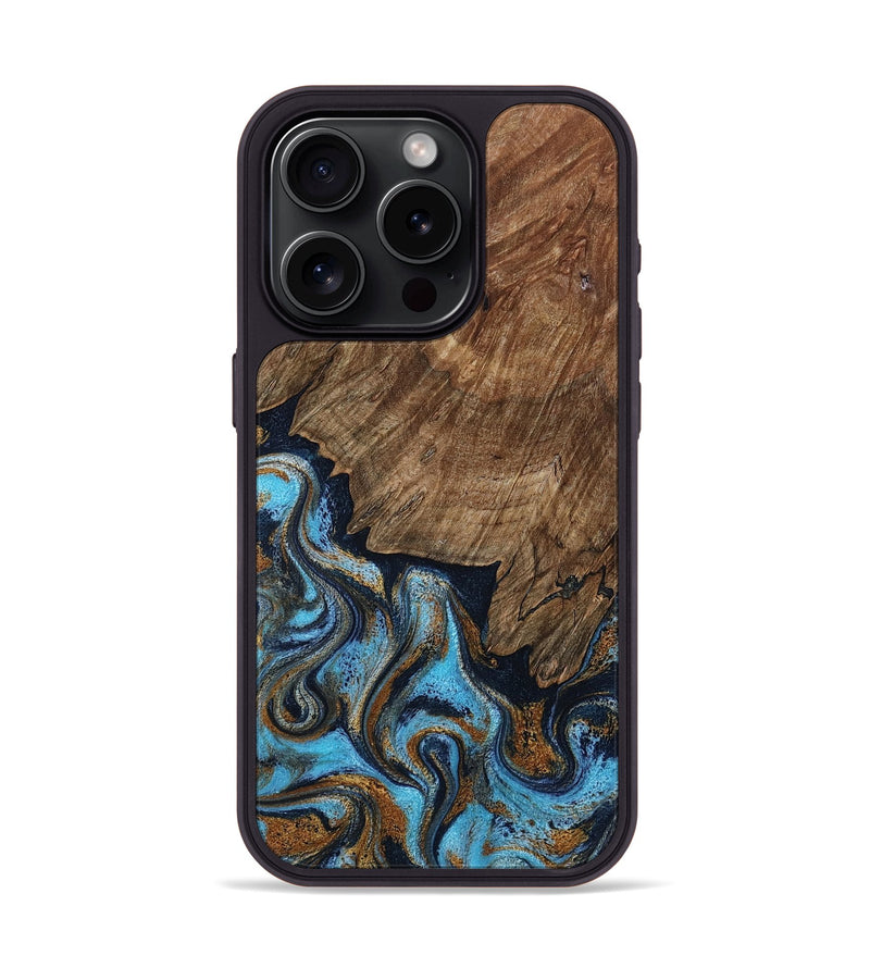 iPhone 15 Pro Wood Phone Case - Norita (Teal & Gold, 801886)