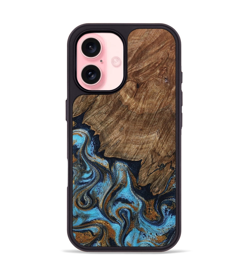 iPhone 16 Wood Phone Case - Norita (Teal & Gold, 801886)