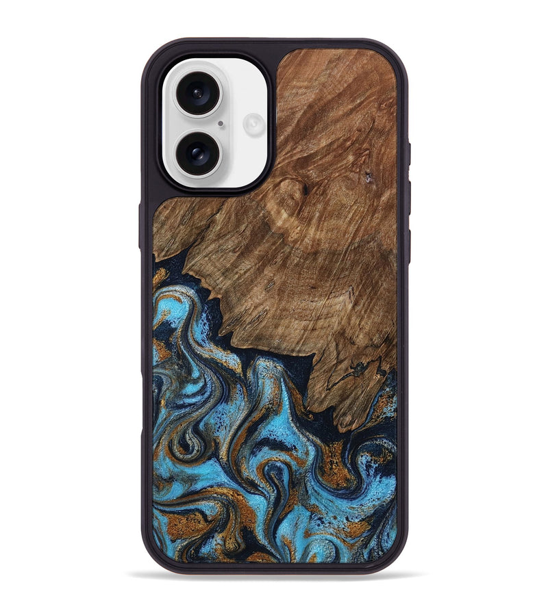 iPhone 16 Plus Wood Phone Case - Norita (Teal & Gold, 801886)