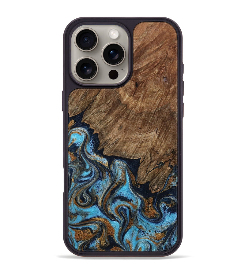 iPhone 16 Pro Max Wood Phone Case - Norita (Teal & Gold, 801886)