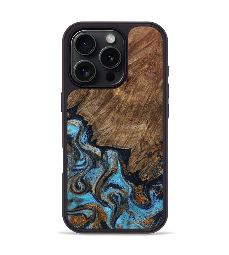 iPhone 16 Pro Wood Phone Case - Norita (Teal & Gold, 801886)