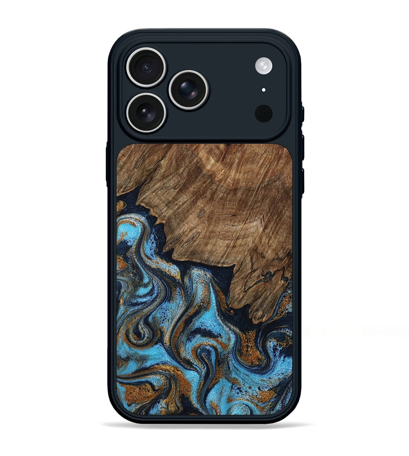 iPhone 17 Pro Max Wood Phone Case - Norita (Teal & Gold, 801886)