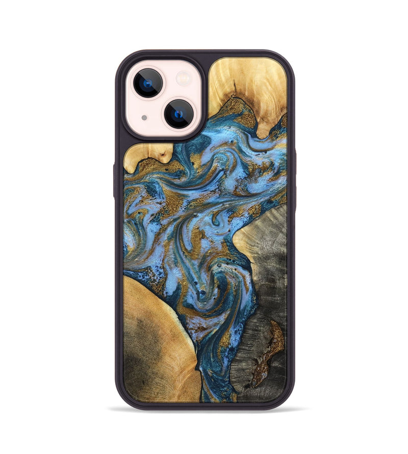 iPhone 14 Wood Phone Case - Huey (Teal & Gold, 801887)