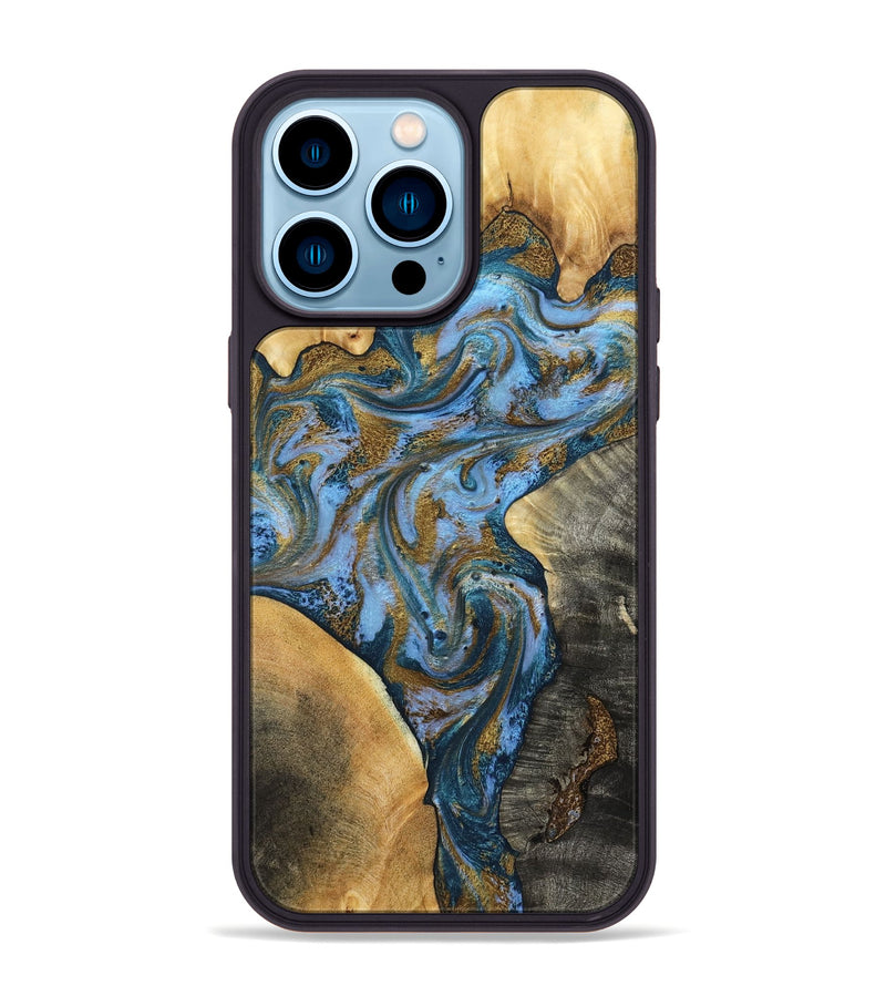iPhone 14 Pro Max Wood Phone Case - Huey (Teal & Gold, 801887)