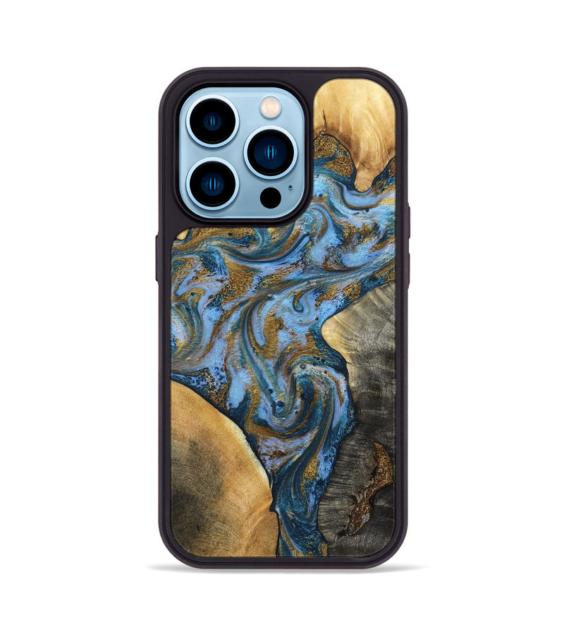 iPhone 14 Pro Wood Phone Case - Huey (Teal & Gold, 801887)