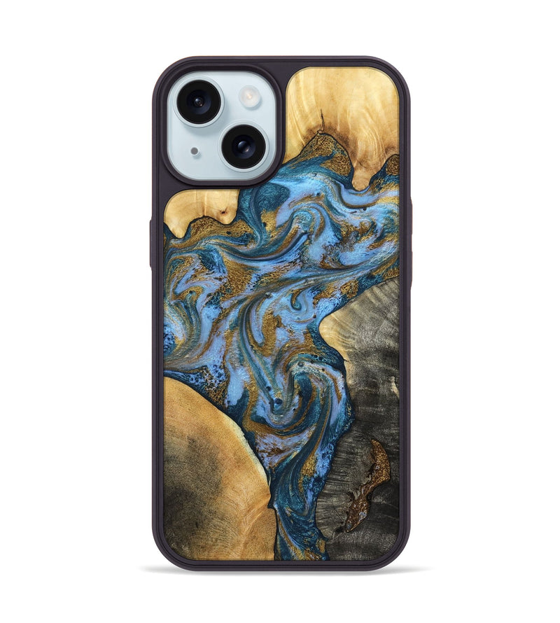 iPhone 15 Wood Phone Case - Huey (Teal & Gold, 801887)