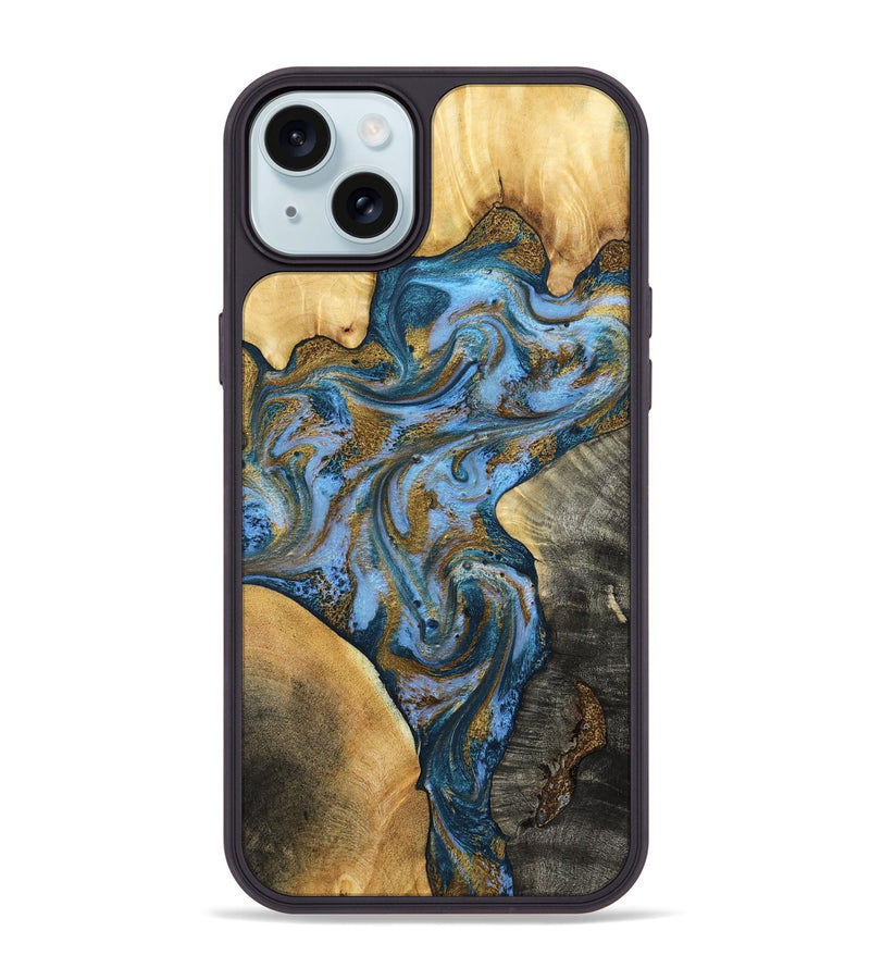 iPhone 15 Plus Wood Phone Case - Huey (Teal & Gold, 801887)