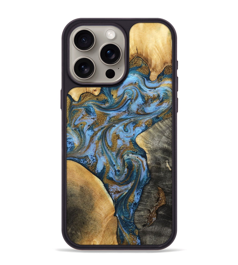 iPhone 15 Pro Max Wood Phone Case - Huey (Teal & Gold, 801887)