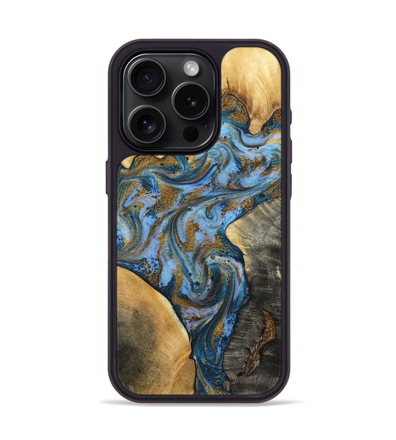 iPhone 15 Pro Wood Phone Case - Huey (Teal & Gold, 801887)