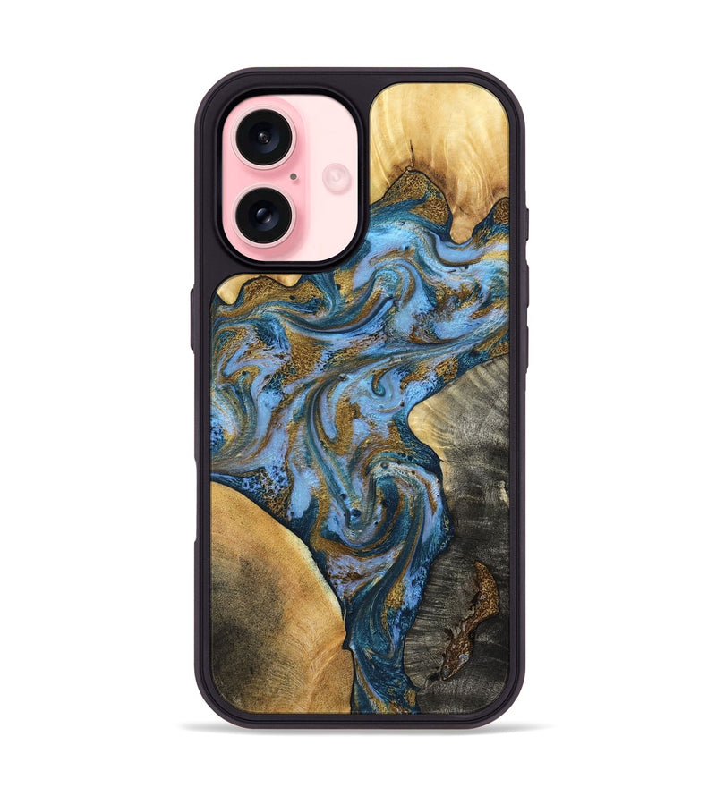 iPhone 16 Wood Phone Case - Huey (Teal & Gold, 801887)