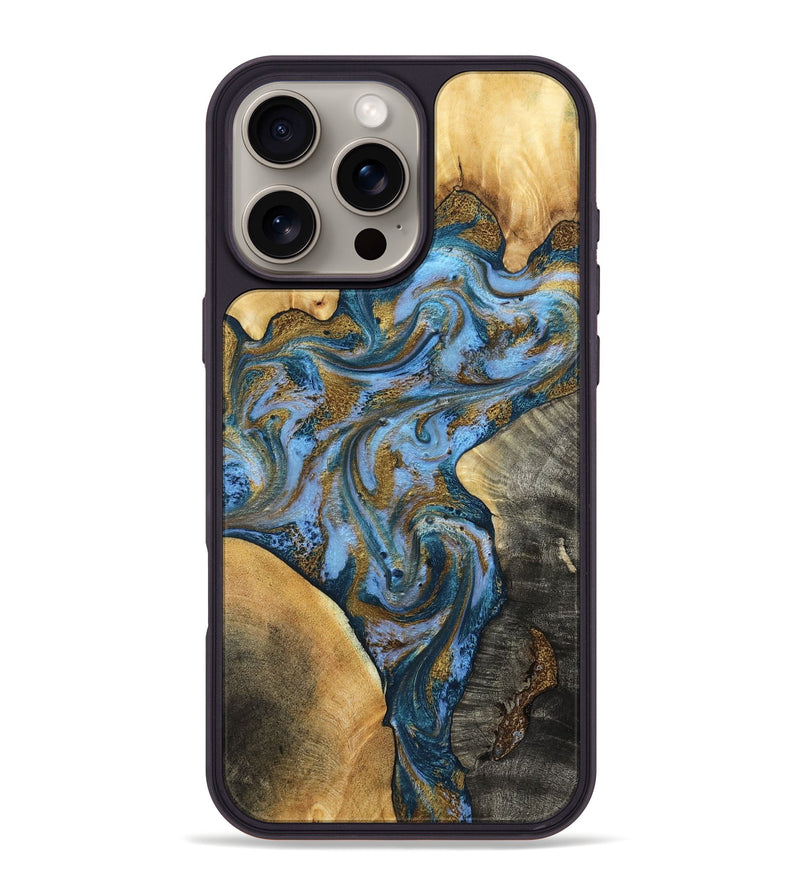iPhone 16 Pro Max Wood Phone Case - Huey (Teal & Gold, 801887)