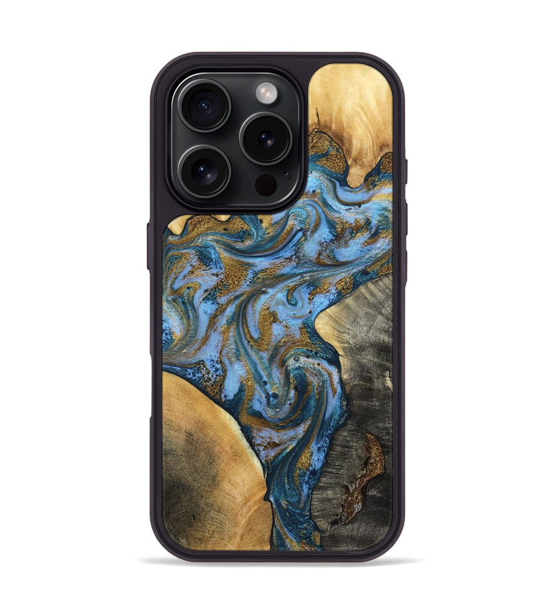 iPhone 16 Pro Wood Phone Case - Huey (Teal & Gold, 801887)