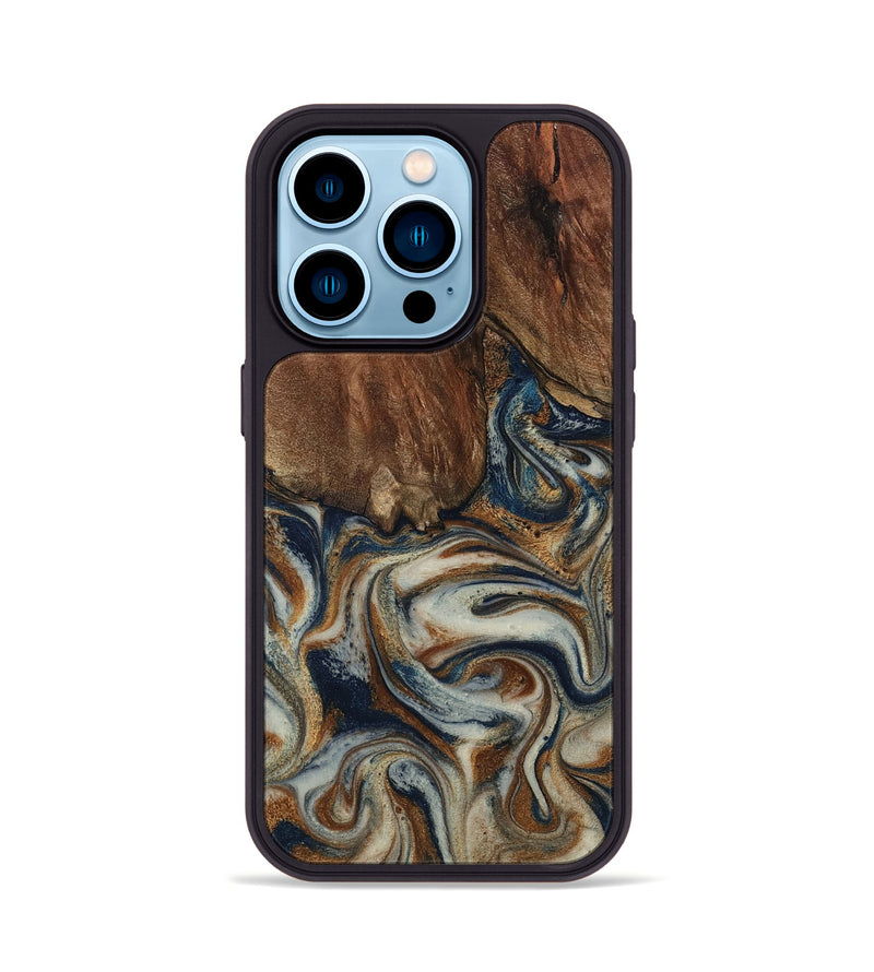 iPhone 14 Pro Wood Phone Case - Tamera (Teal & Gold, 801888)