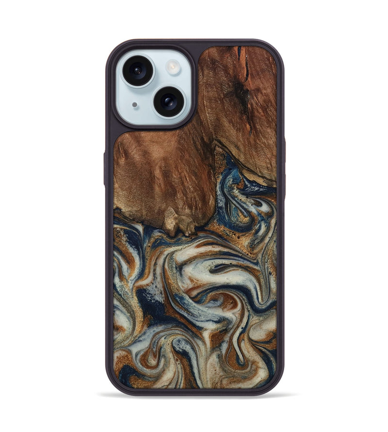 iPhone 15 Wood Phone Case - Tamera (Teal & Gold, 801888)