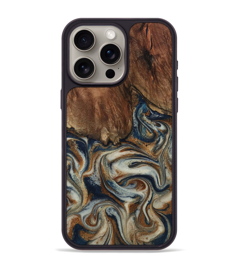 iPhone 15 Pro Max Wood Phone Case - Tamera (Teal & Gold, 801888)
