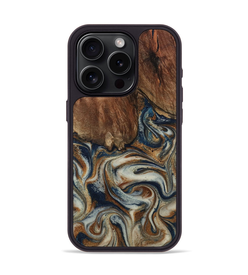 iPhone 15 Pro Wood Phone Case - Tamera (Teal & Gold, 801888)