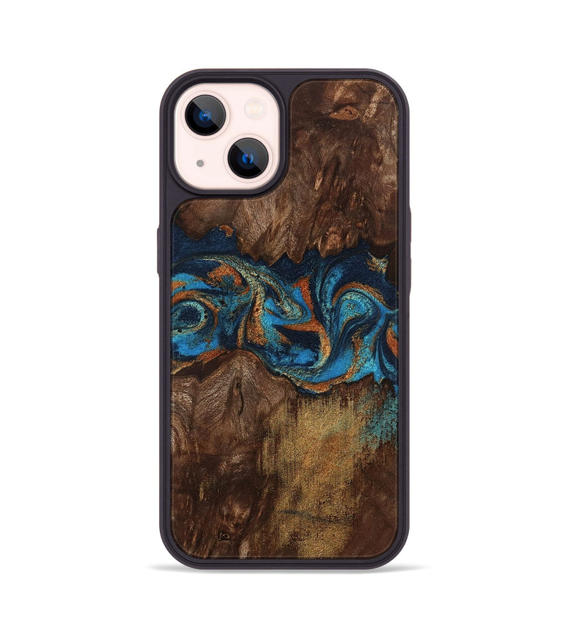 iPhone 14 Wood Phone Case - Marion (Teal & Gold, 801889)