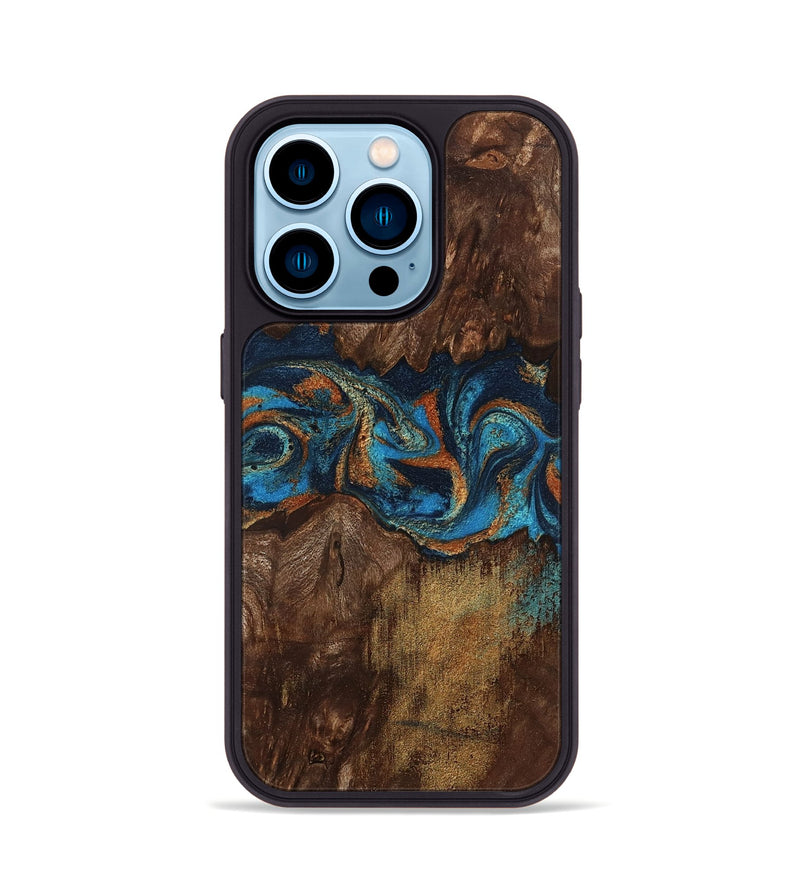 iPhone 14 Pro Wood Phone Case - Marion (Teal & Gold, 801889)
