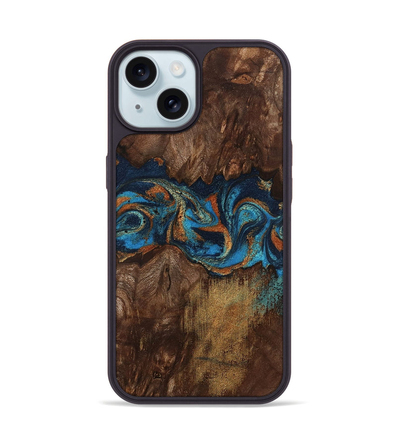 iPhone 15 Wood Phone Case - Marion (Teal & Gold, 801889)