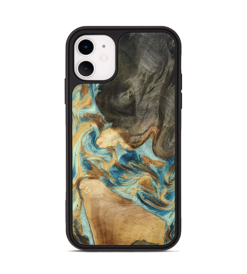 iPhone 11 Wood Phone Case - Felisha (Teal & Gold, 801912)