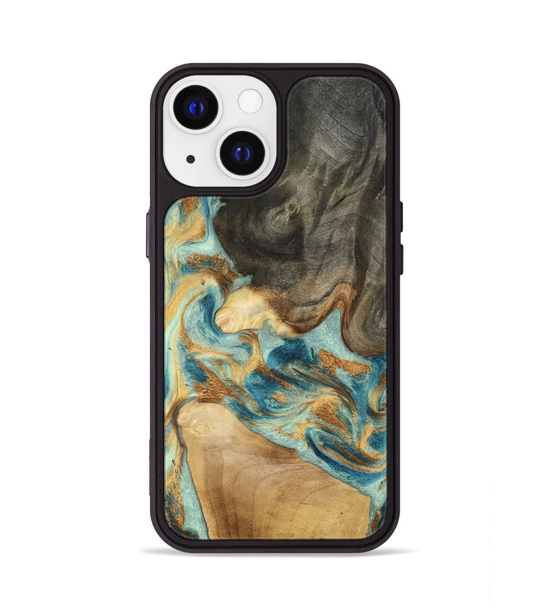 iPhone 13 Wood Phone Case - Felisha (Teal & Gold, 801912)