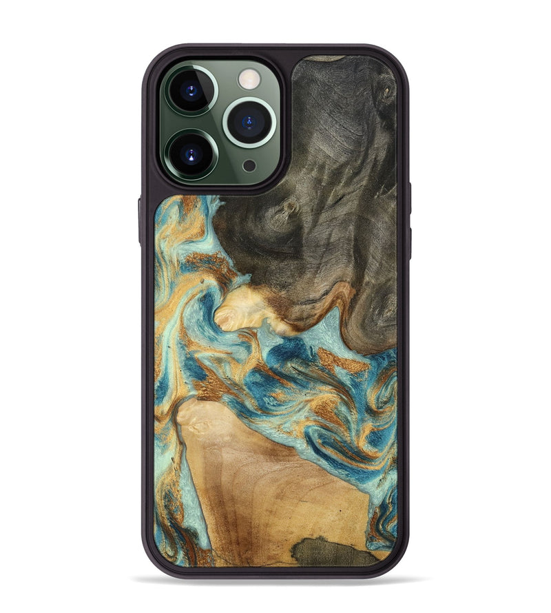 iPhone 13 Pro Max Wood Phone Case - Felisha (Teal & Gold, 801912)