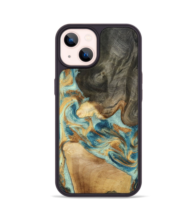 iPhone 14 Wood Phone Case - Felisha (Teal & Gold, 801912)