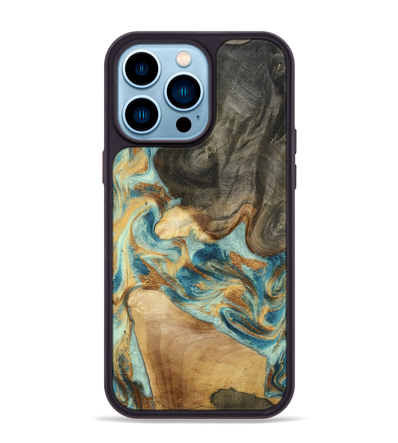 iPhone 14 Pro Max Wood Phone Case - Felisha (Teal & Gold, 801912)