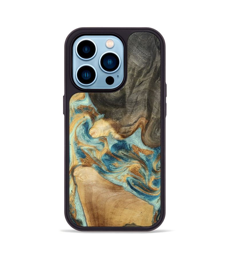 iPhone 14 Pro Wood Phone Case - Felisha (Teal & Gold, 801912)