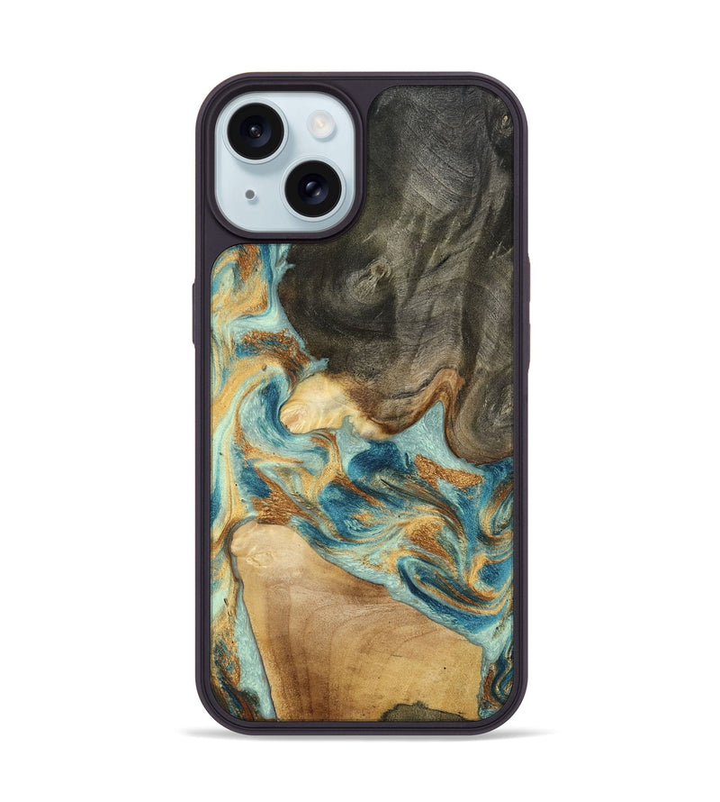 iPhone 15 Wood Phone Case - Felisha (Teal & Gold, 801912)