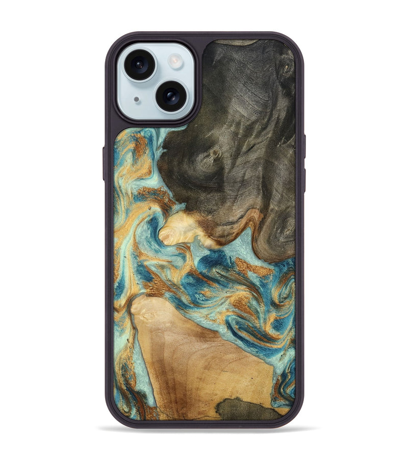 iPhone 15 Plus Wood Phone Case - Felisha (Teal & Gold, 801912)