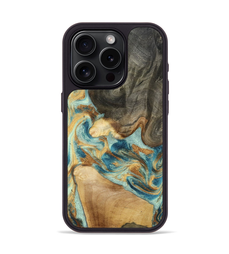 iPhone 15 Pro Wood Phone Case - Felisha (Teal & Gold, 801912)