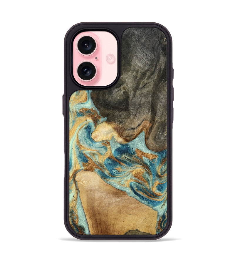 iPhone 16 Wood Phone Case - Felisha (Teal & Gold, 801912)
