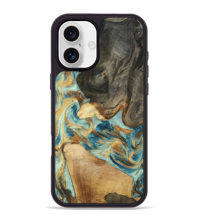 iPhone 16 Plus Wood Phone Case - Felisha (Teal & Gold, 801912)