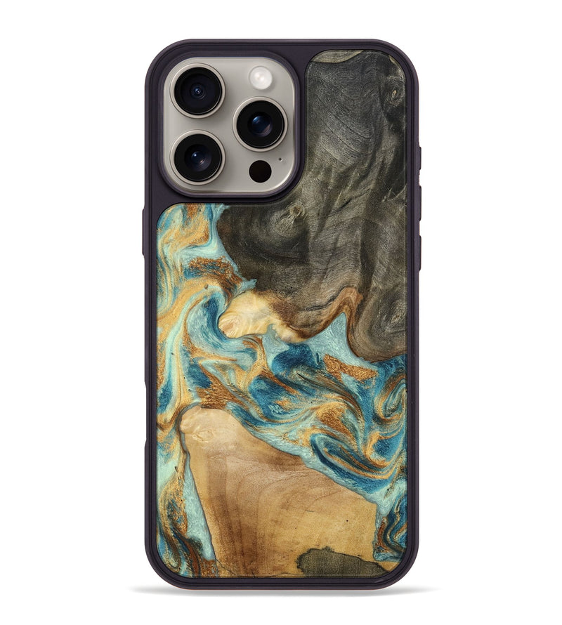 iPhone 16 Pro Max Wood Phone Case - Felisha (Teal & Gold, 801912)