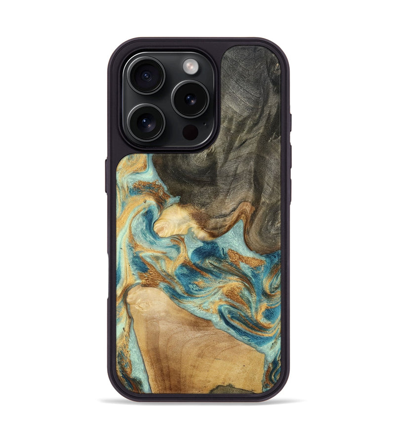 iPhone 16 Pro Wood Phone Case - Felisha (Teal & Gold, 801912)