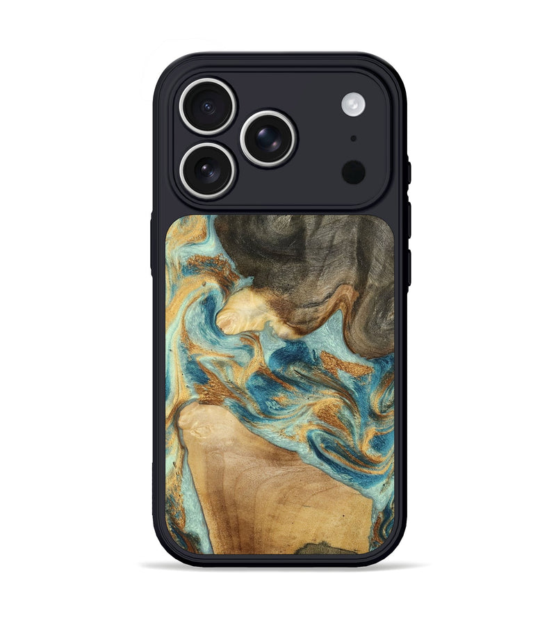 iPhone 17 Pro Wood Phone Case - Felisha (Teal & Gold, 801912)