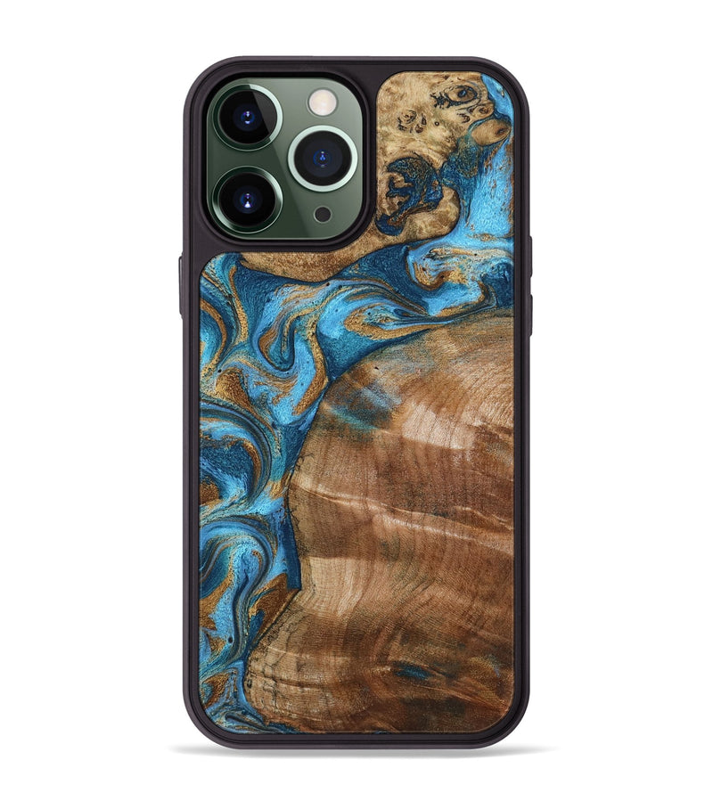 iPhone 13 Pro Max Wood Phone Case - Evie (Teal & Gold, 801913)