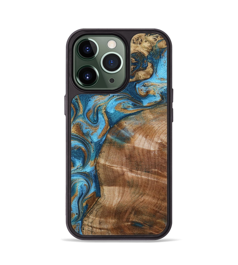 iPhone 13 Pro Wood Phone Case - Evie (Teal & Gold, 801913)