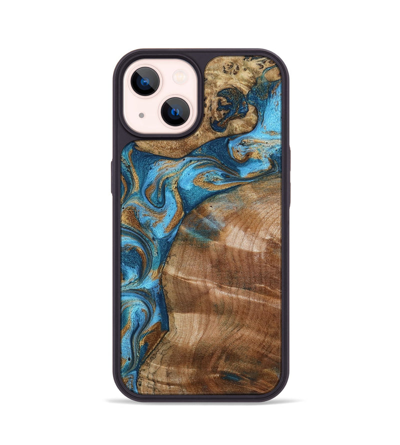 iPhone 14 Wood Phone Case - Evie (Teal & Gold, 801913)