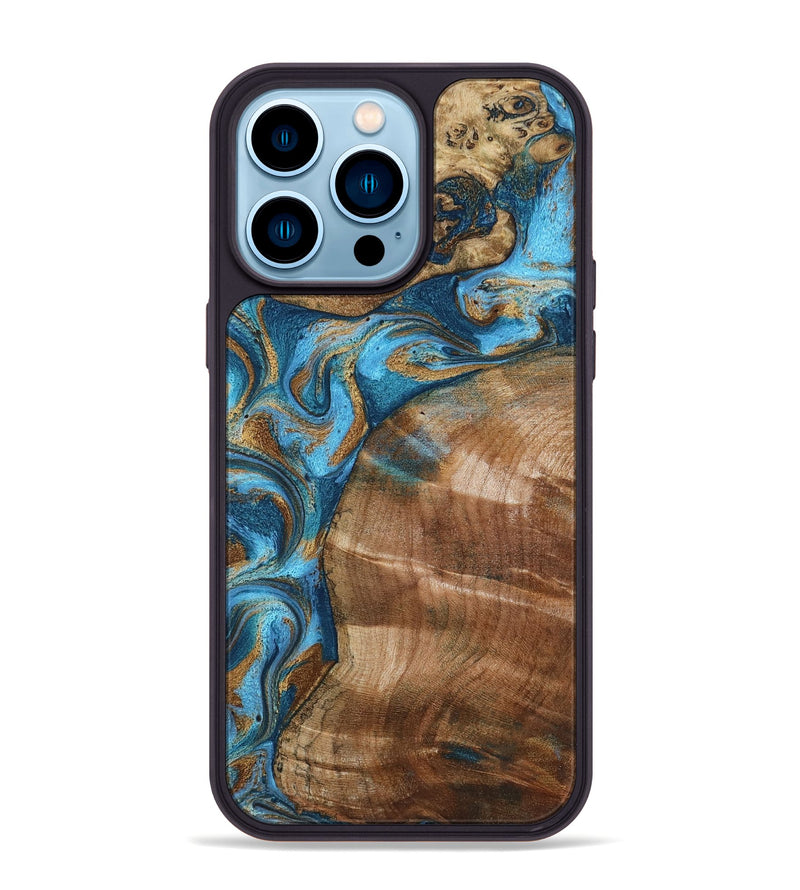 iPhone 14 Pro Max Wood Phone Case - Evie (Teal & Gold, 801913)