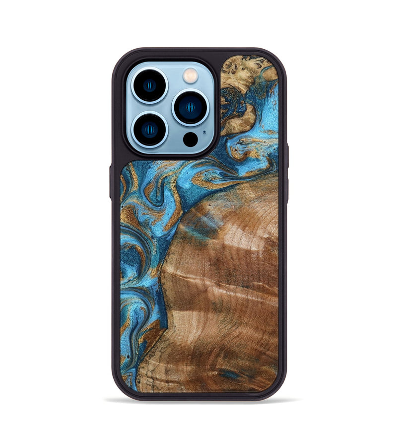iPhone 14 Pro Wood Phone Case - Evie (Teal & Gold, 801913)