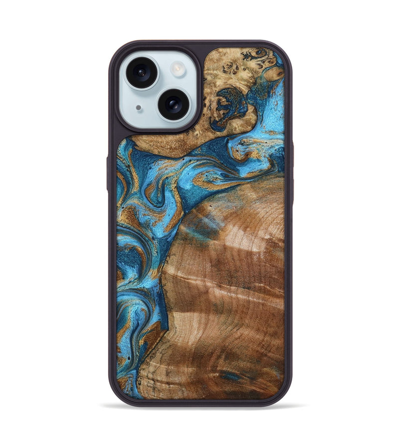 iPhone 15 Wood Phone Case - Evie (Teal & Gold, 801913)