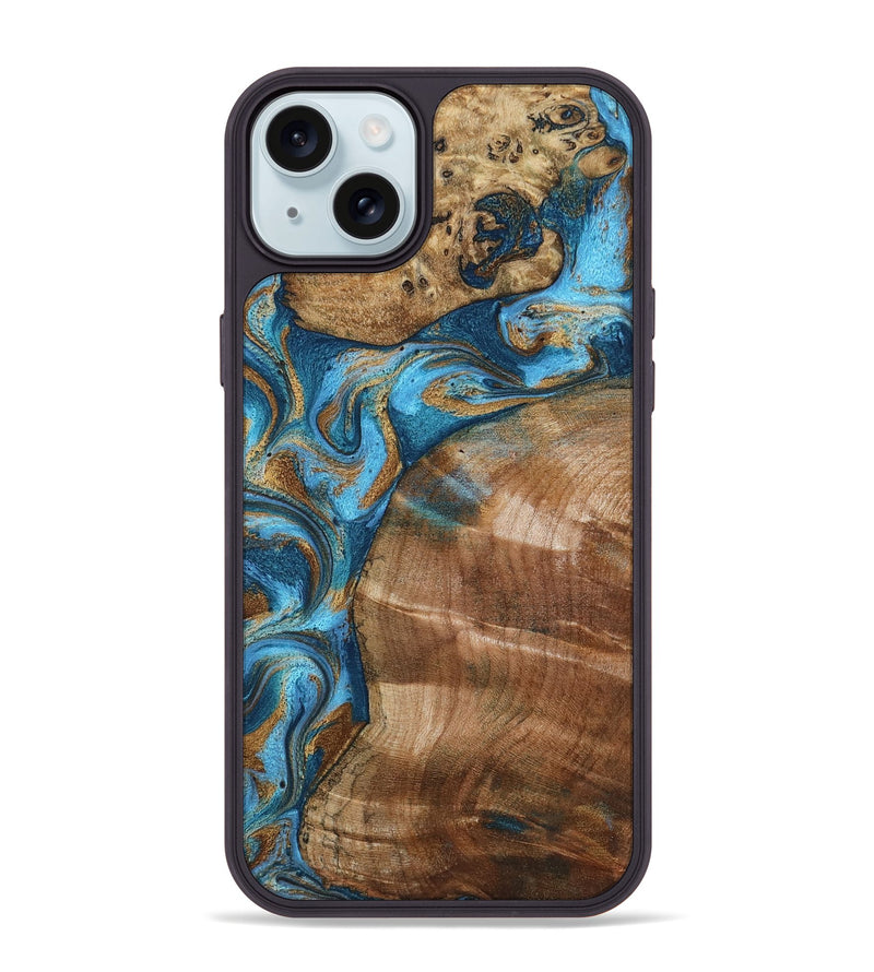 iPhone 15 Plus Wood Phone Case - Evie (Teal & Gold, 801913)