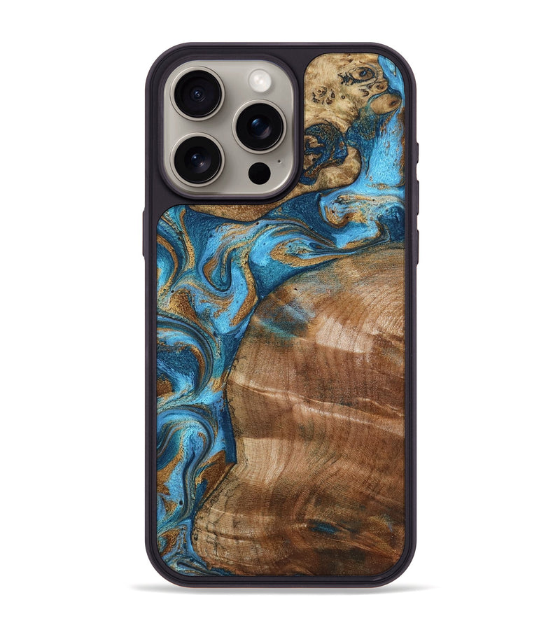 iPhone 15 Pro Max Wood Phone Case - Evie (Teal & Gold, 801913)