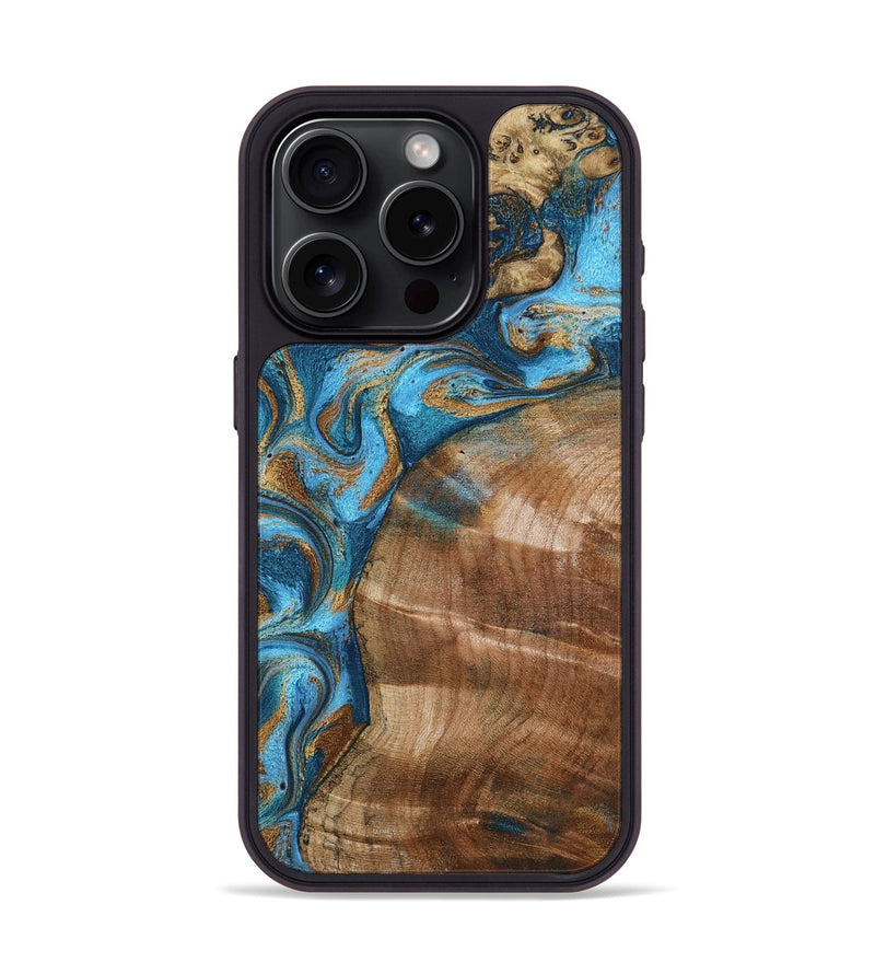 iPhone 15 Pro Wood Phone Case - Evie (Teal & Gold, 801913)