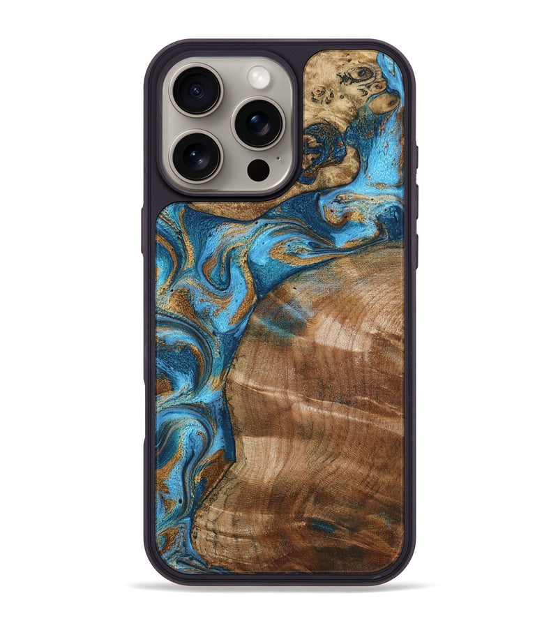iPhone 16 Pro Max Wood Phone Case - Evie (Teal & Gold, 801913)