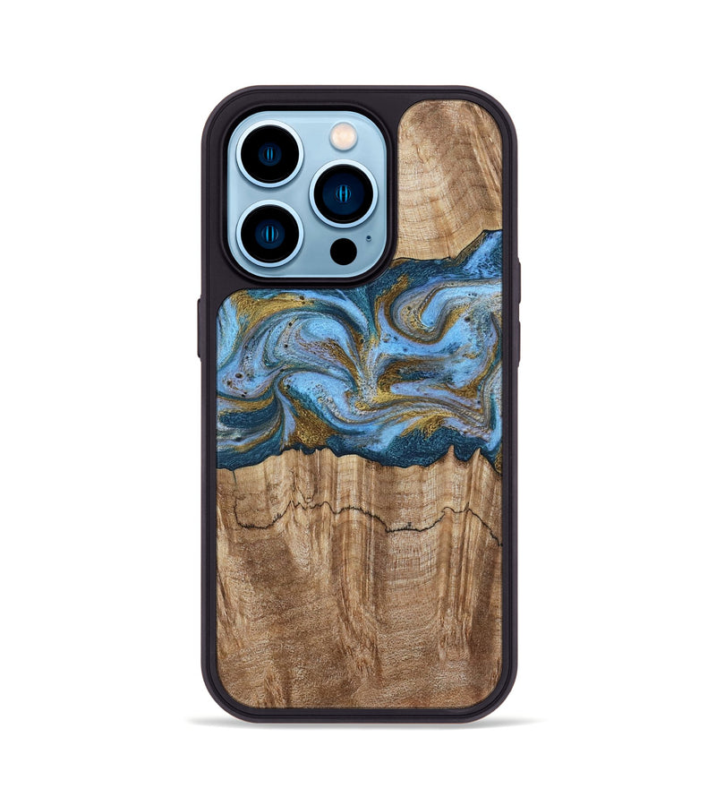 iPhone 14 Pro Wood Phone Case - Jolene (Teal & Gold, 801914)
