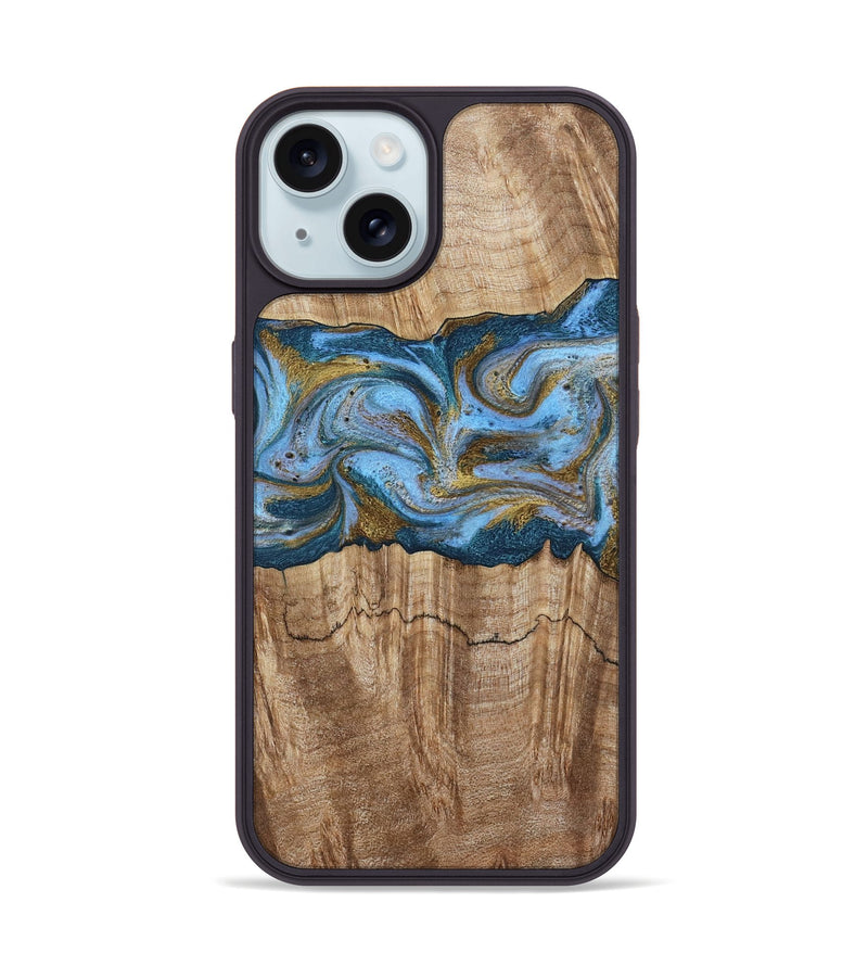 iPhone 15 Wood Phone Case - Jolene (Teal & Gold, 801914)