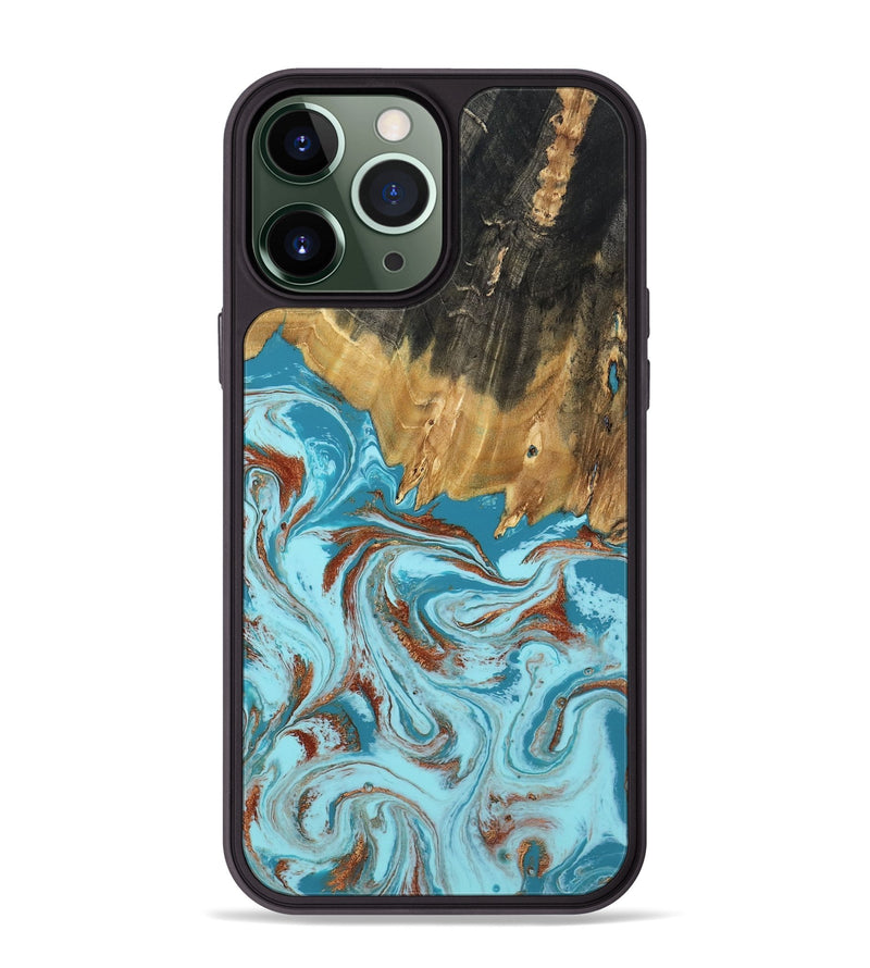 iPhone 13 Pro Max Wood Phone Case - Zhuri (Teal & Gold, 801916)